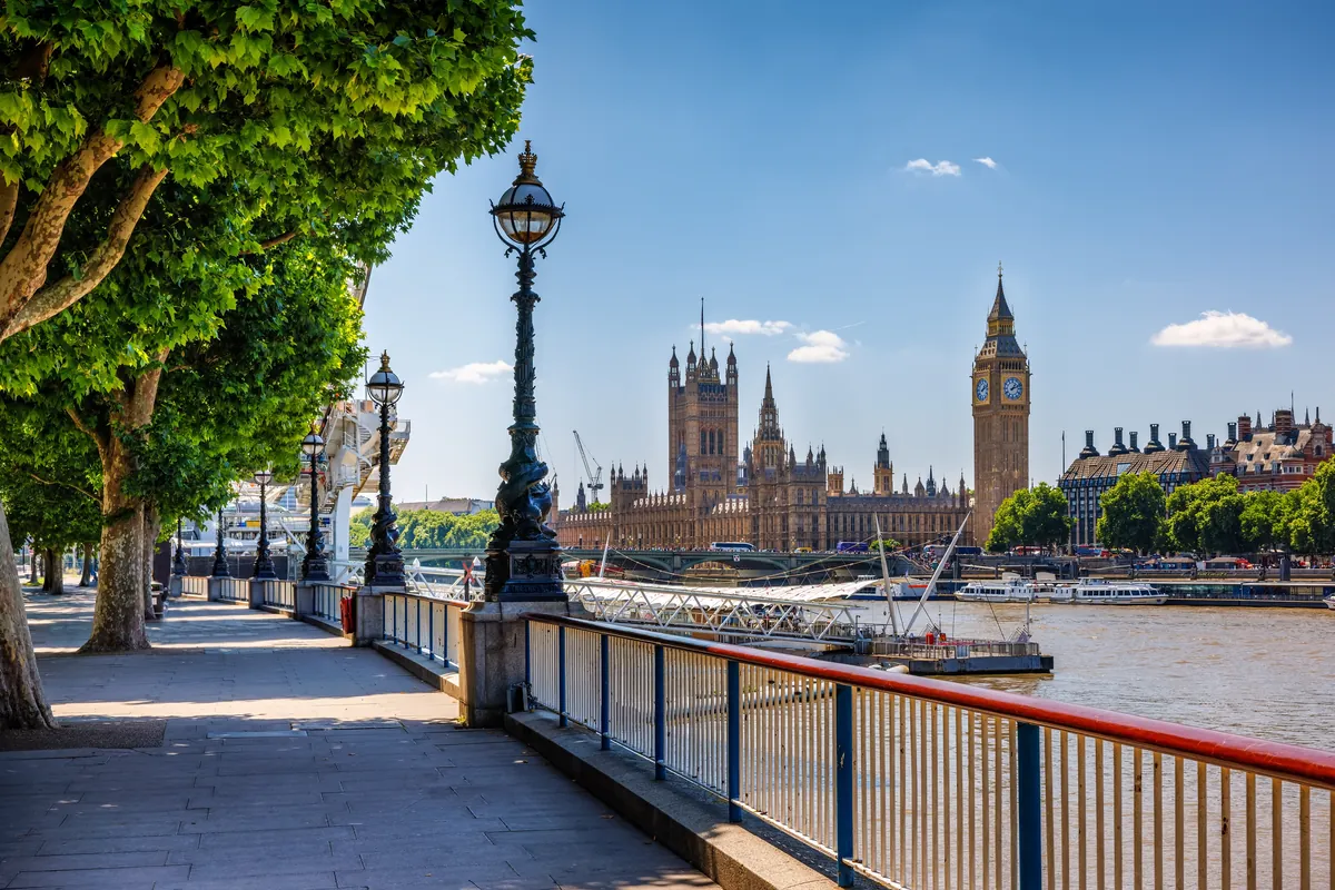 Sunny Thames riverside walk with a view of Big Ben and the Houses of Parliament